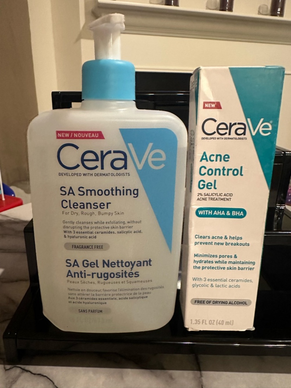 CeraVe SA Smoothing Cleanser Bottle 16 Fl oz & CeraVe Acne Control Gel 1.35 FL